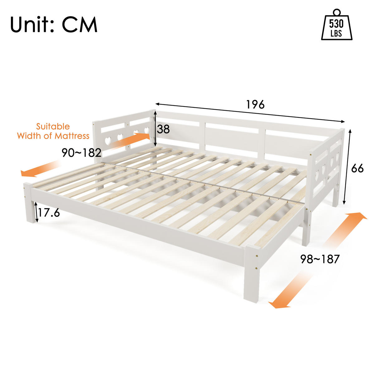 AUSZIEHBETT 90/190 cm mit Herz-Design, Massivholz Kiefer, Weiß - Weiß, Holzwerkstoff (90/190cm) - Redom