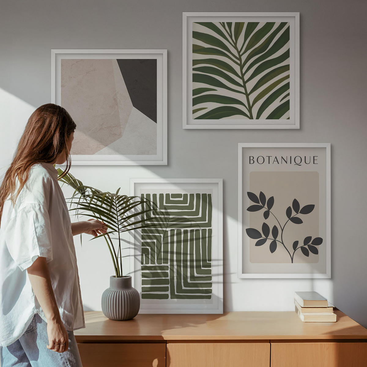 WANDBILDER 4er-Set - 50x50 cm & 40x60 cm Weißer Rahmen - Botanische Boho-Kompositionen - Weiß, Kunststoff (50/50cm) - ArtPrintCave