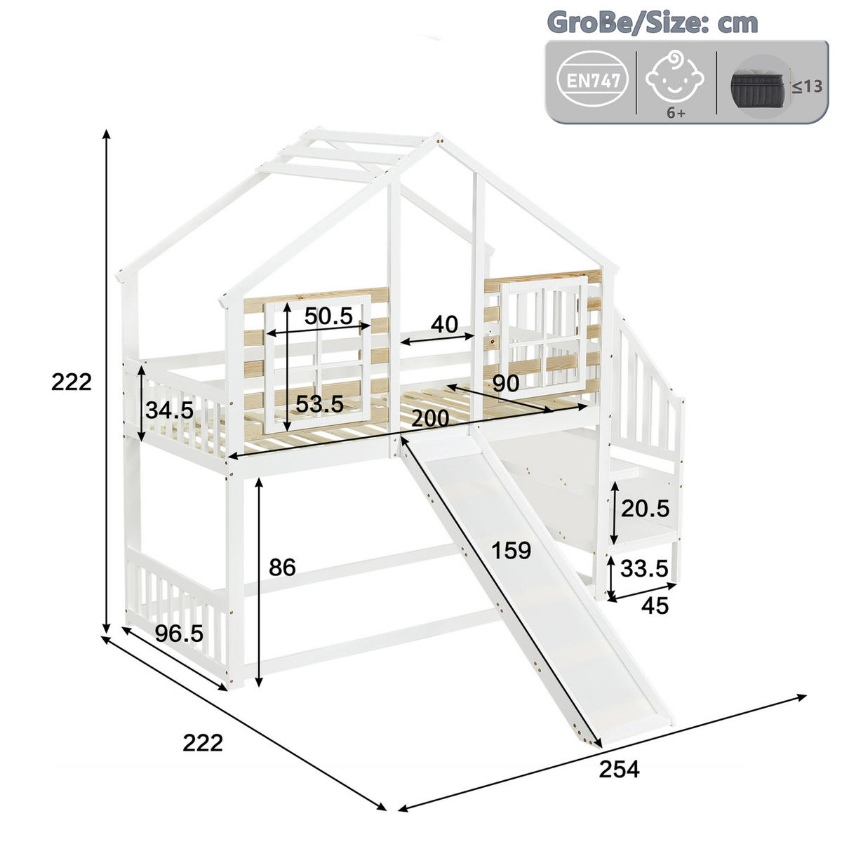 ETAGENBETT mit Treppe, Gitter, Rutsche und Fenster 90/200 cm, Weiß/Natur - Weiß, Holz (90/200cm) - MIVRAY