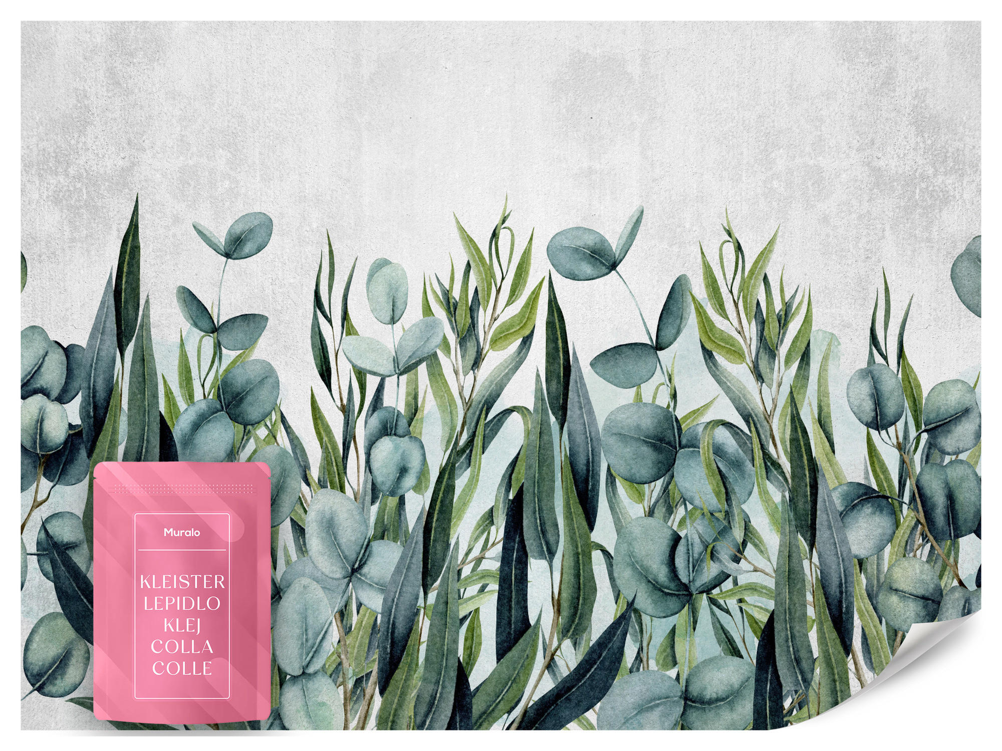 FOTOTAPETE für Wohnzimmer Blätter Beton Aquarell 400x280 - Grau/Grün, Papier (400/280cm) - Muralo