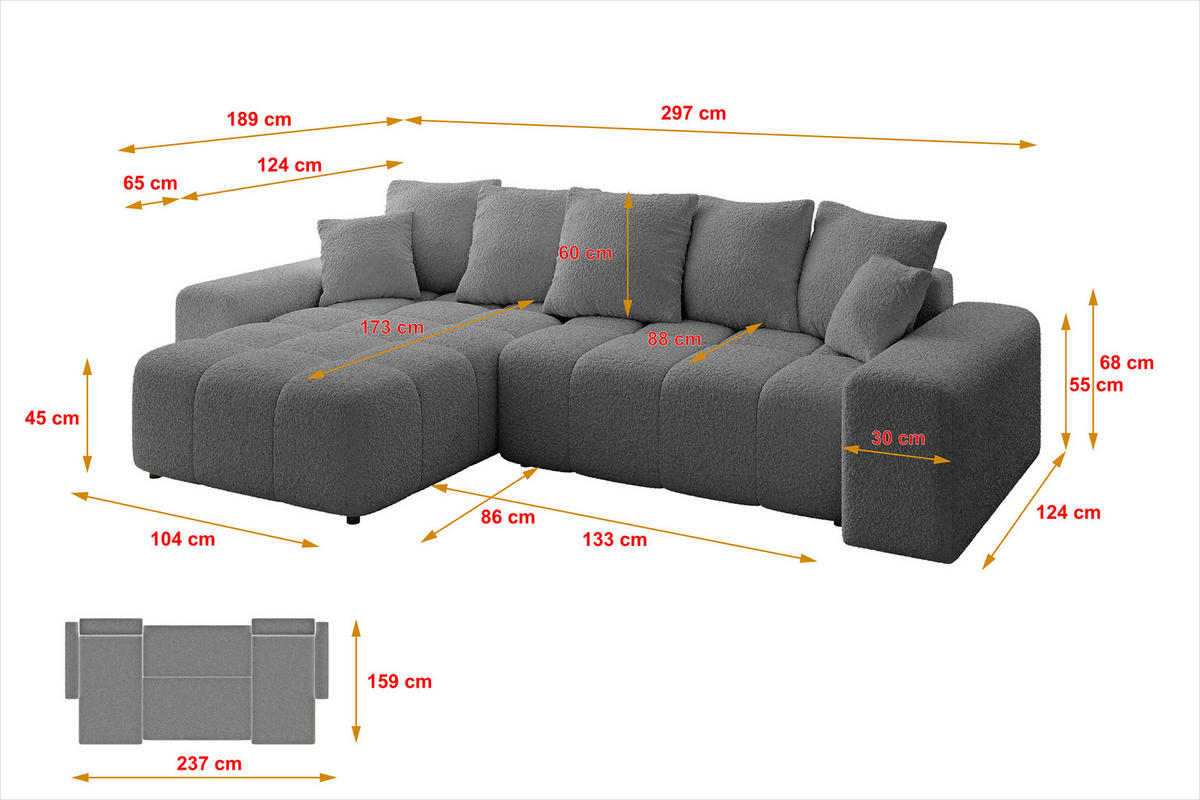 ECKSOFA Ottomane links ENIL-L 297x189x68 Grau Bouclé - Platinfarben, Holzwerkstoff/Kunststoff (297/189cm) - ALTDECOR