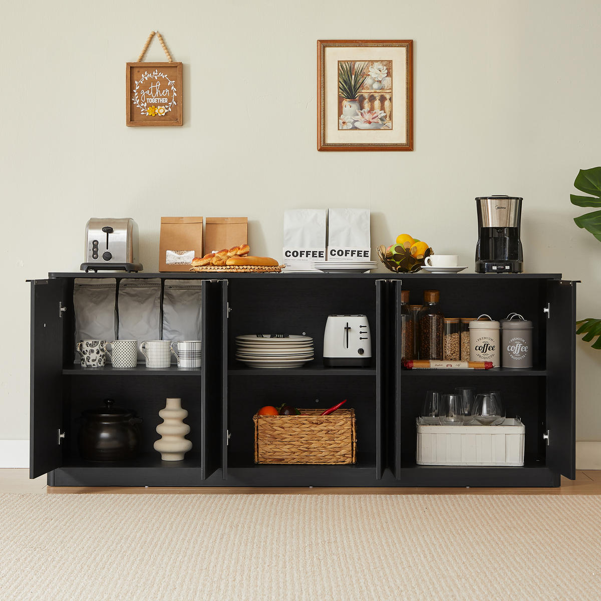 SIDEBOARD 170/40/70,5 cm schwarz aus MDF mit 6 Türen - Schwarz, Holzwerkstoff (170/70.5/40cm) - OKWISH