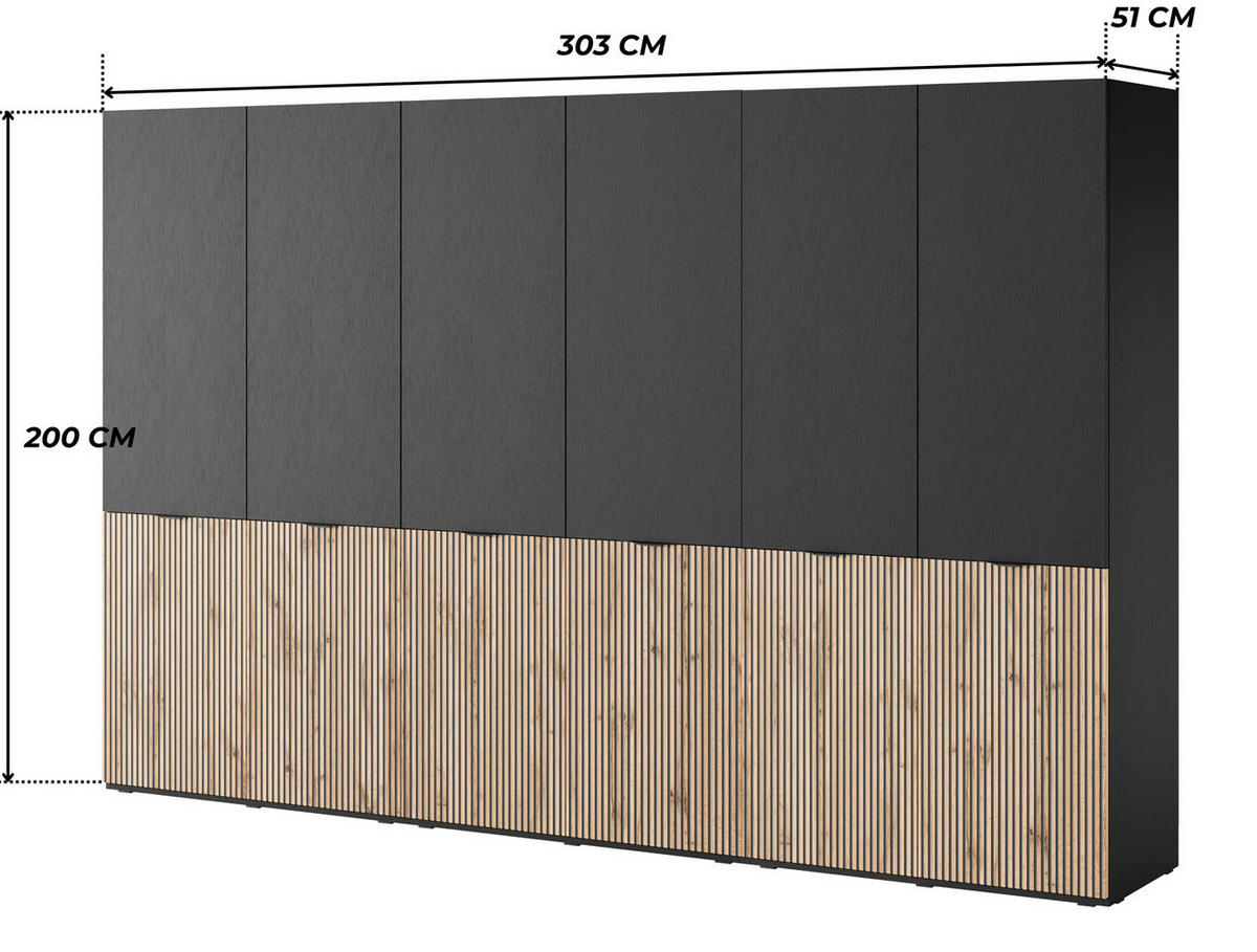 KLEIDERSCHRANK ZEN (Modular, Schwarz, Wotan Eiche Rillenfront, 6-türig) - Eiche Wotan/Schwarz, Holz/Holzwerkstoff (303/200/51cm) - Ravio