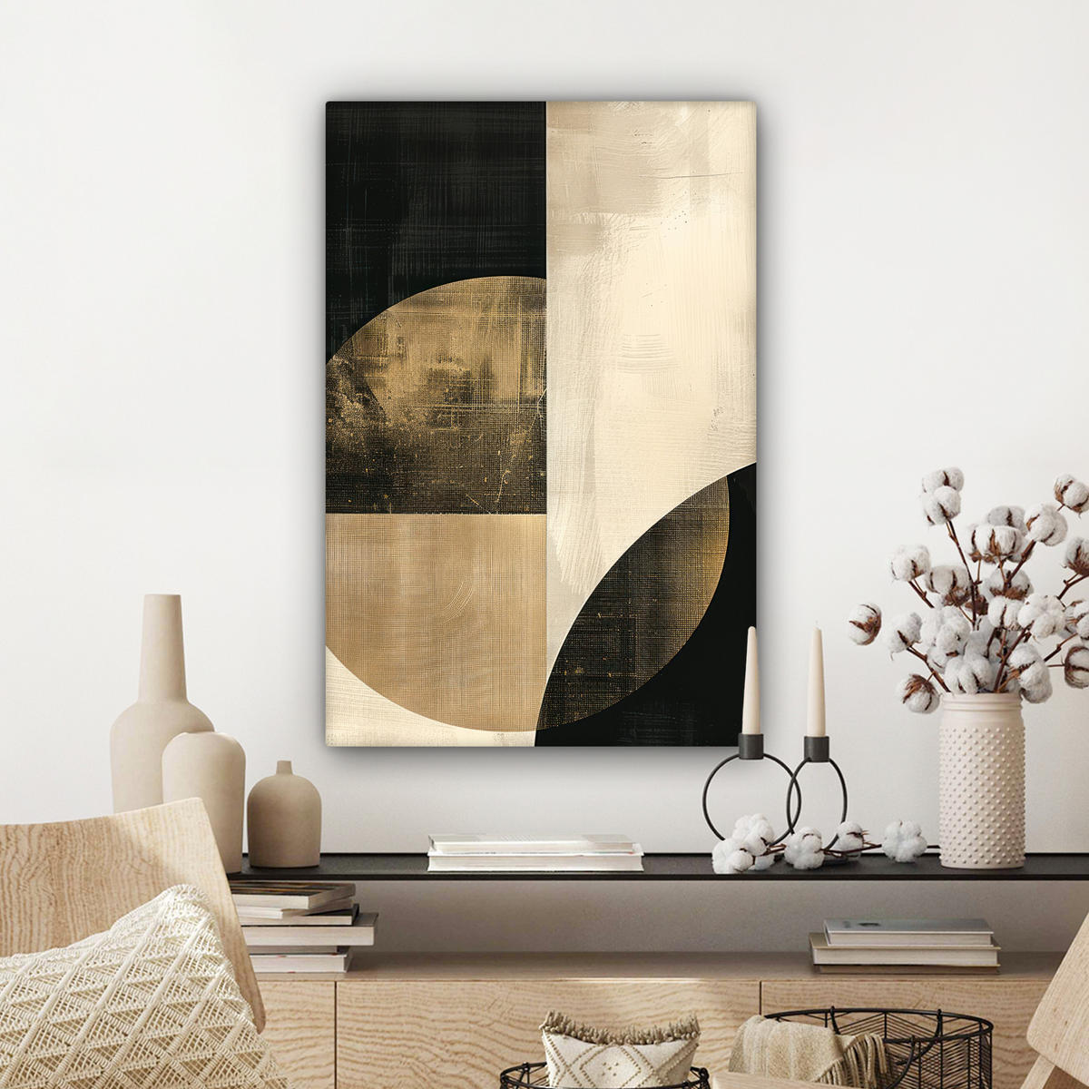 LEINWANDBILD Abstrakt - Geometrische Formen - Schwarz - Gold 40x60 cm - Ecru, Textil (40/60cm) - MuchoWow