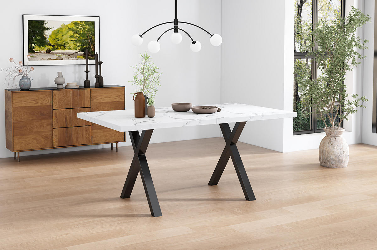 JEDILNA miza 140/80/76 cm z navzkrižnim podnožjem, MDF plošča, večnamenska, Beli marmor - bela, leseni material (140/80/76cm) - Redom