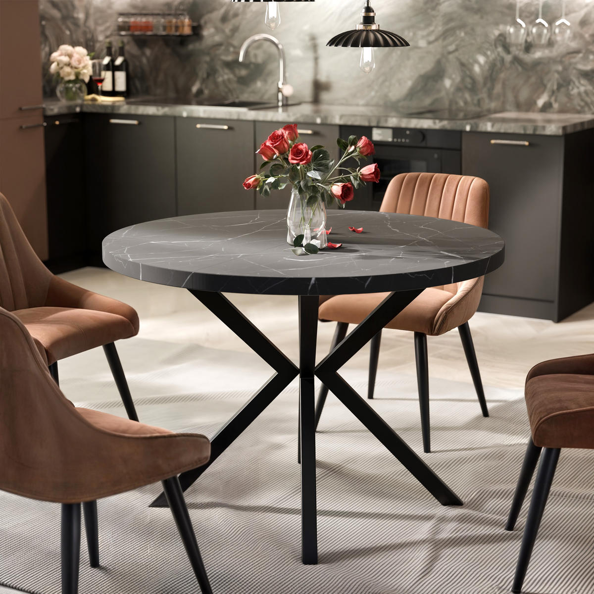 AUSZIEHTISCH MILTON 90-166/76 cm mit Metallgestell, Schwarz / Grigia Pietra - Schwarz/Grau, Holzwerkstoff/Metall (90/90/76cm) - Idohome