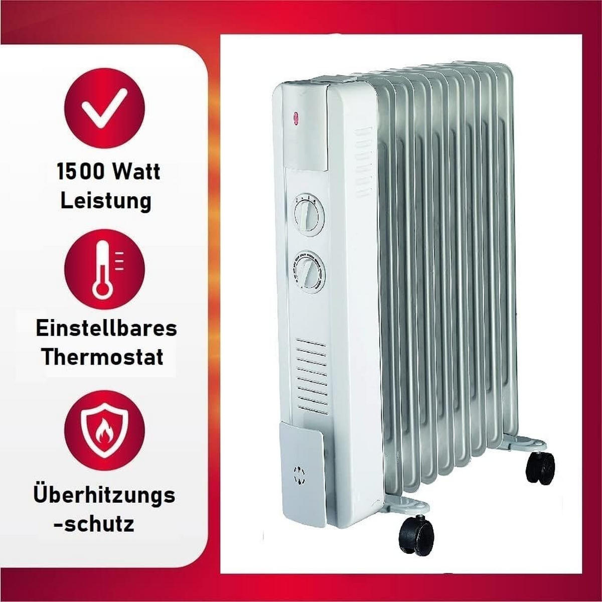 ÖLRADIATOR 2000W, Elektroheizung, Heizgerät, mobiler Heizkörper, Radiator Heizung, mit Rollen, Thermostat, energiesparend, leise, gleichmäßige Wärme - Weiß, Metall (24/65/35cm) - JUNG