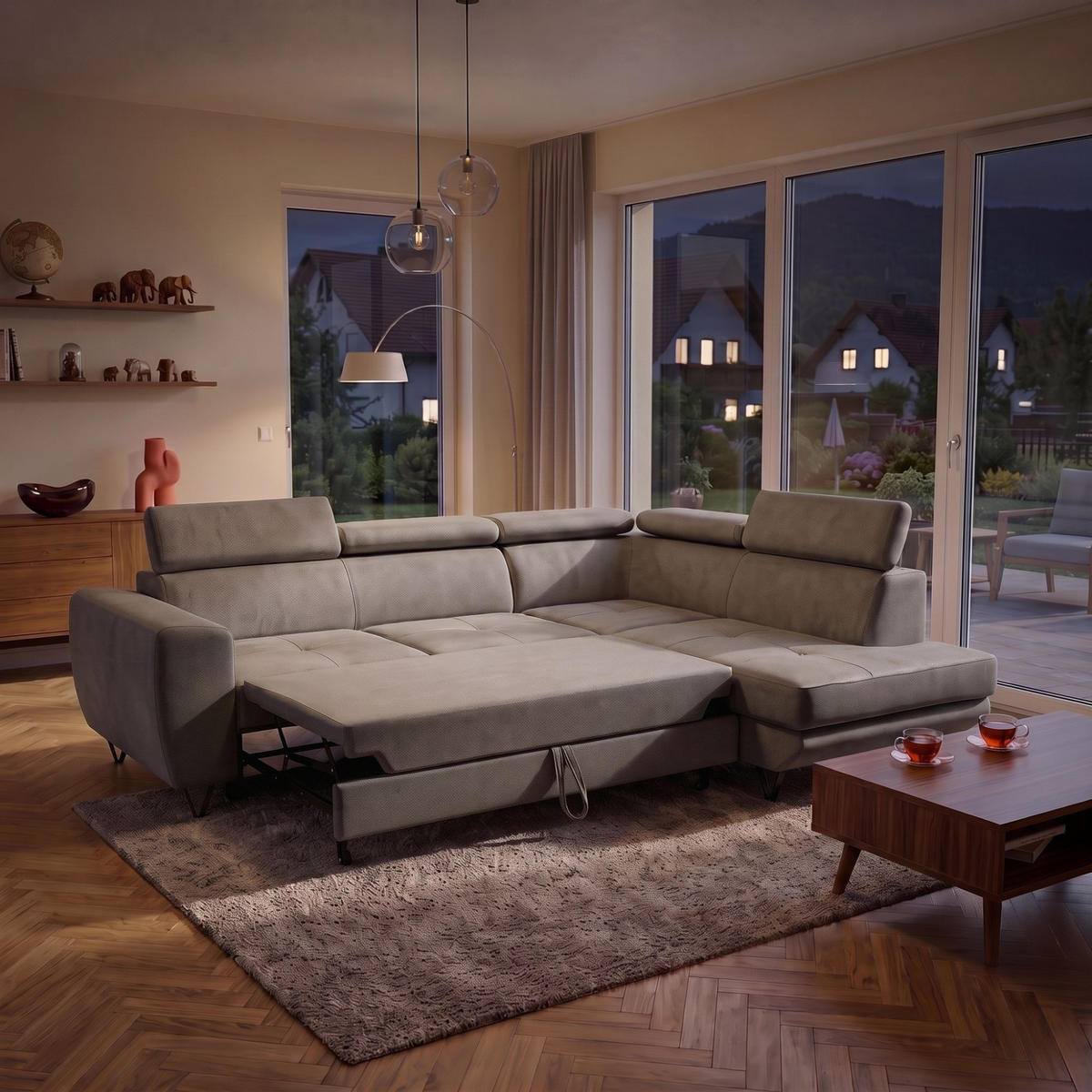 ECKSOFA JUNIOR L Rechts mit Schlaffunktion 194x128 Velours Beige - Beige/Schwarz, Holz/Textil (184/249cm) - Muffo