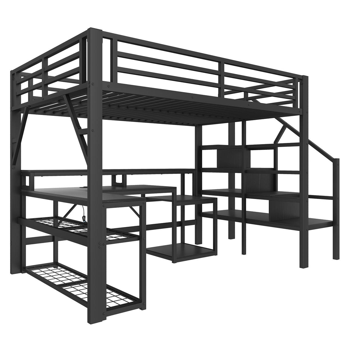 HOCHBETT aus Metall und MDF 140x200 cm Schwarz mit LED-Beleuchtung, USB-Anschluss, Schreibtisch und Stauraumtreppe - Schwarz, Metall (140/200cm) - Modfu