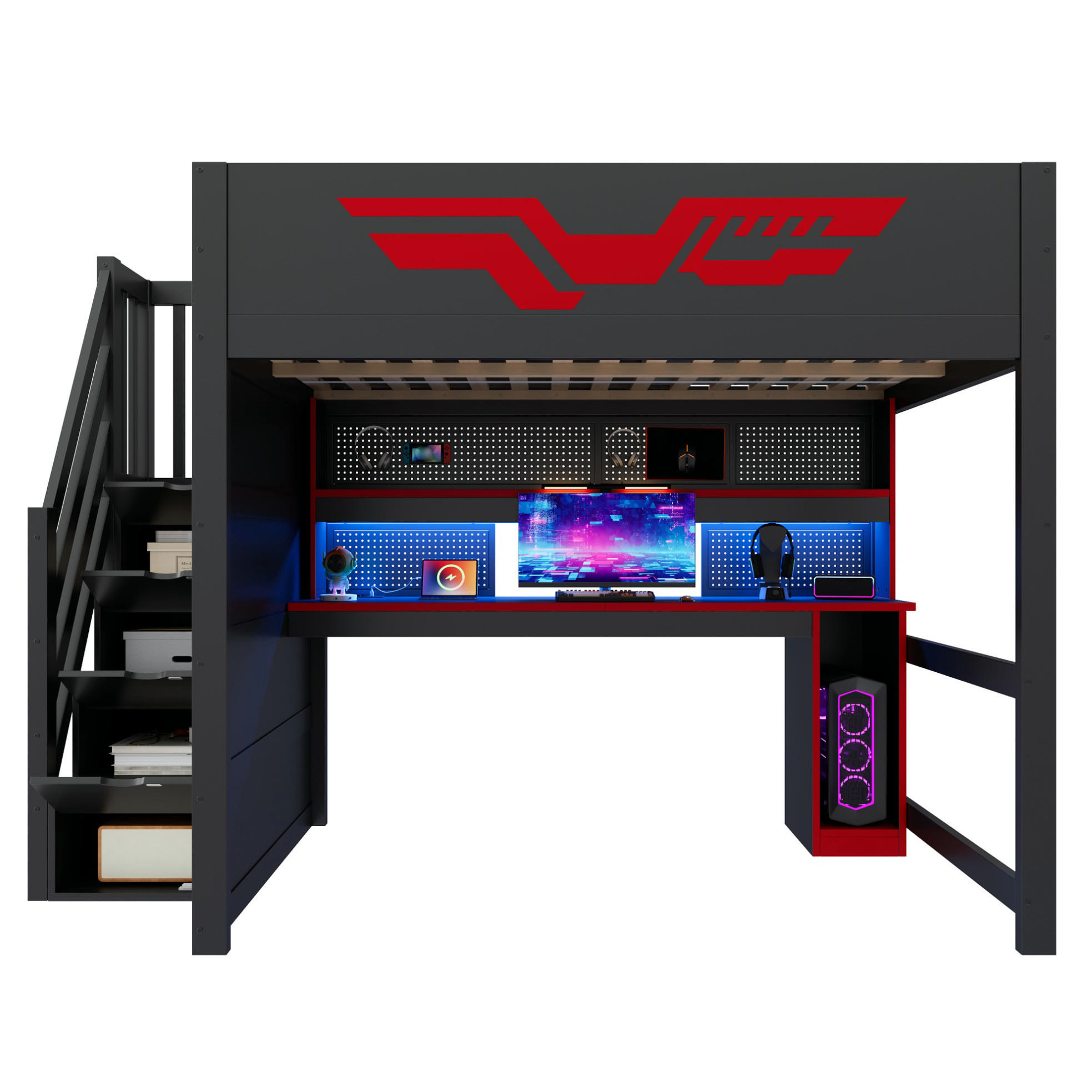 GAMING-HOCHBETT MDF & Sperrholz 140x200 cm Schwarz/Rot mit Schreibtisch, Stauraumtreppe, LED und USB - Schwarz, Holzwerkstoff (140/200cm) - Modfu