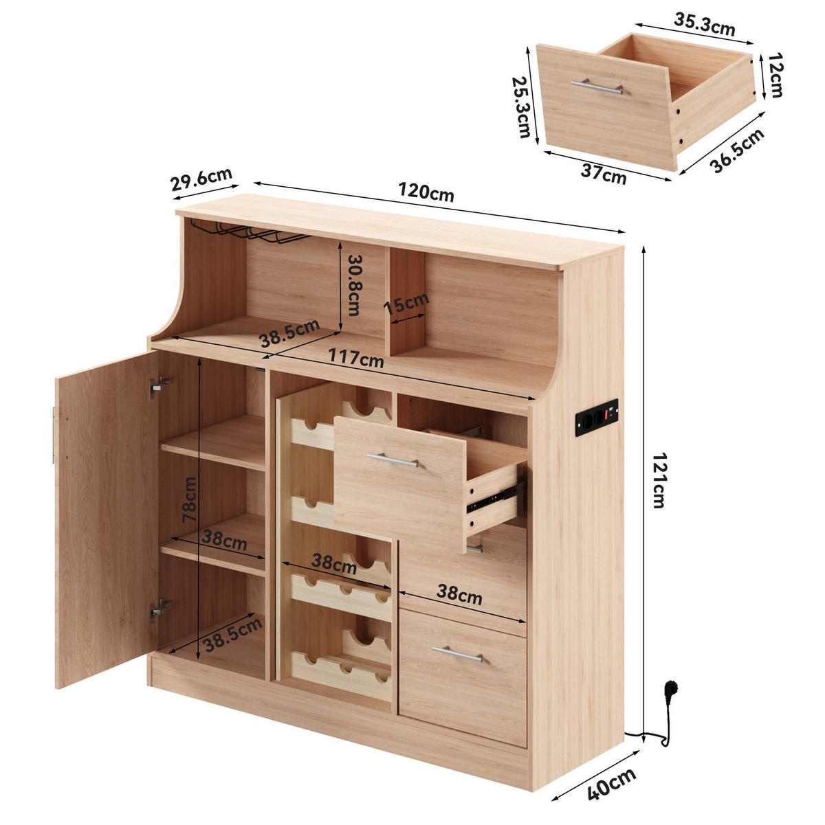 SIDEBOARD 120/40/121 cm Natur/Weiß aus MDF mit LED und Steckdose - Weiß, Holzwerkstoff (120/121/40cm) - OKWISH