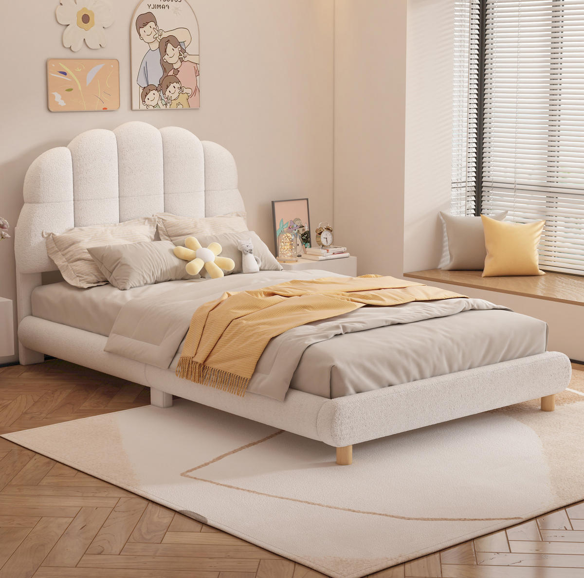 KINDERBETT aus Plüsch und MDF 90x200 cm Weiß mit blumenförmigem Kopfteil und Lattenrost - Weiß, Textil (90/200cm) - Modfu
