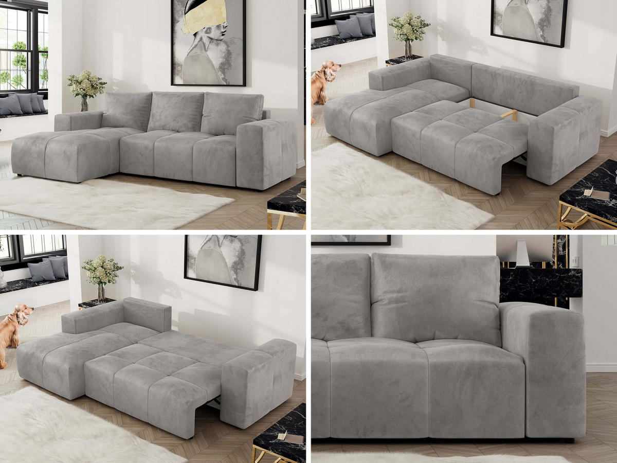 ECKSOFA MONIVA Hellgrau Velvet - Links - Hellgrau/Schwarz, Textil (164/266cm) - MKS