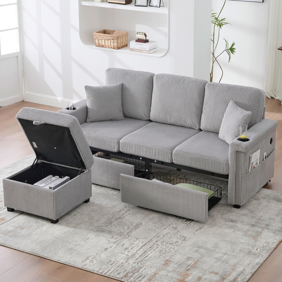 SOFA mit LED und USB/Type-C 194 x 73 x 81 cm Corduroy Hellgrau - Hellgrau, Kunststoff (194/81/73cm) - Meubliv