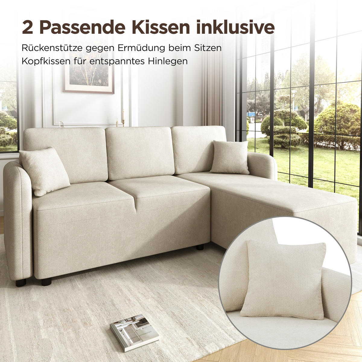 ECKSOFA 187.5/144/85.5 cm Hellbeige Chenille mit 2 Kissen - Beige, Holz/Textil (187.5/144cm) - Oxeza