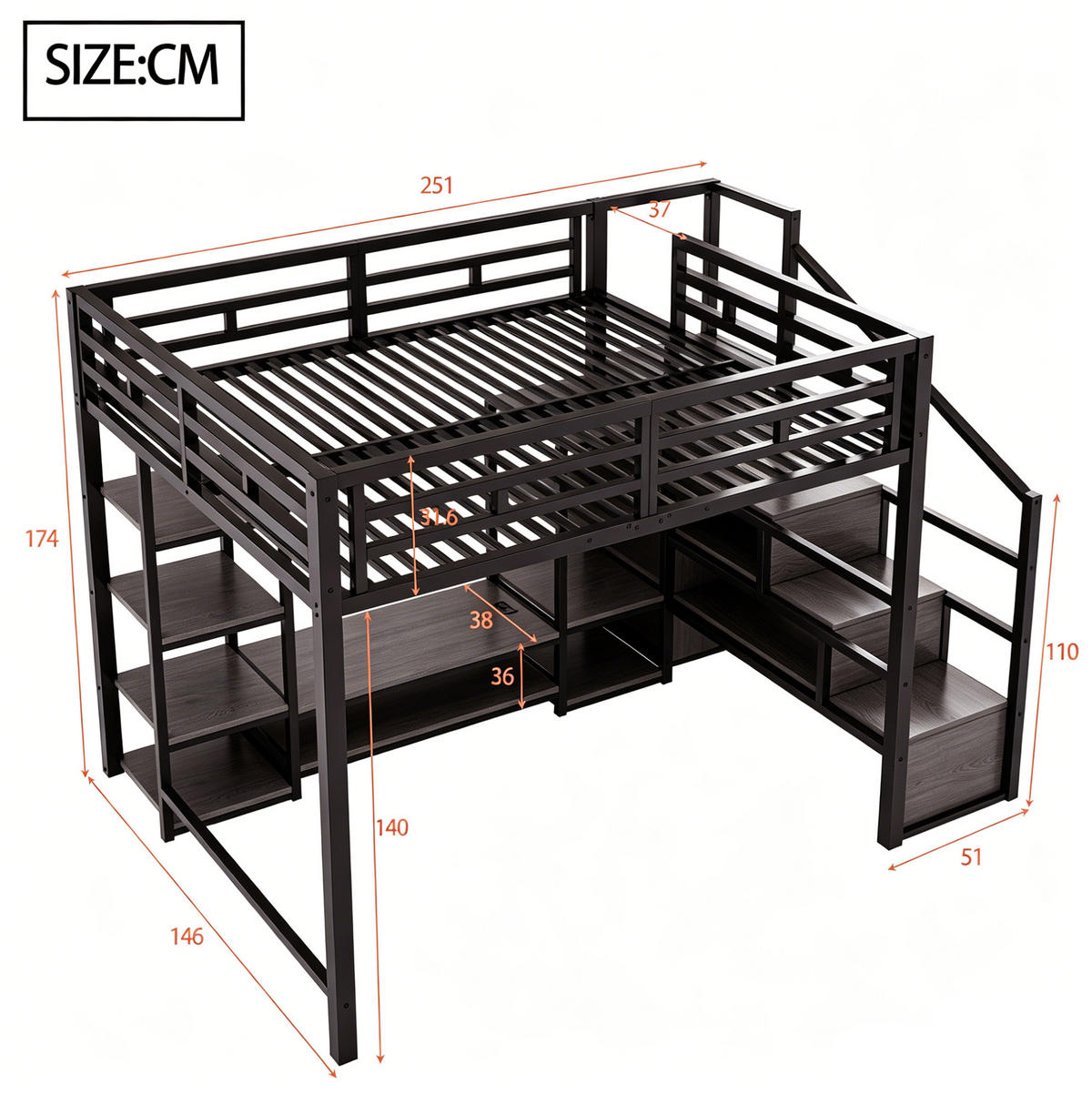 HOCHBETT mit TV-Ständer, Steckdose und Leiter, schwarz, 140/200 cm - Schwarz, Metall (140/200cm) - MIVRAY
