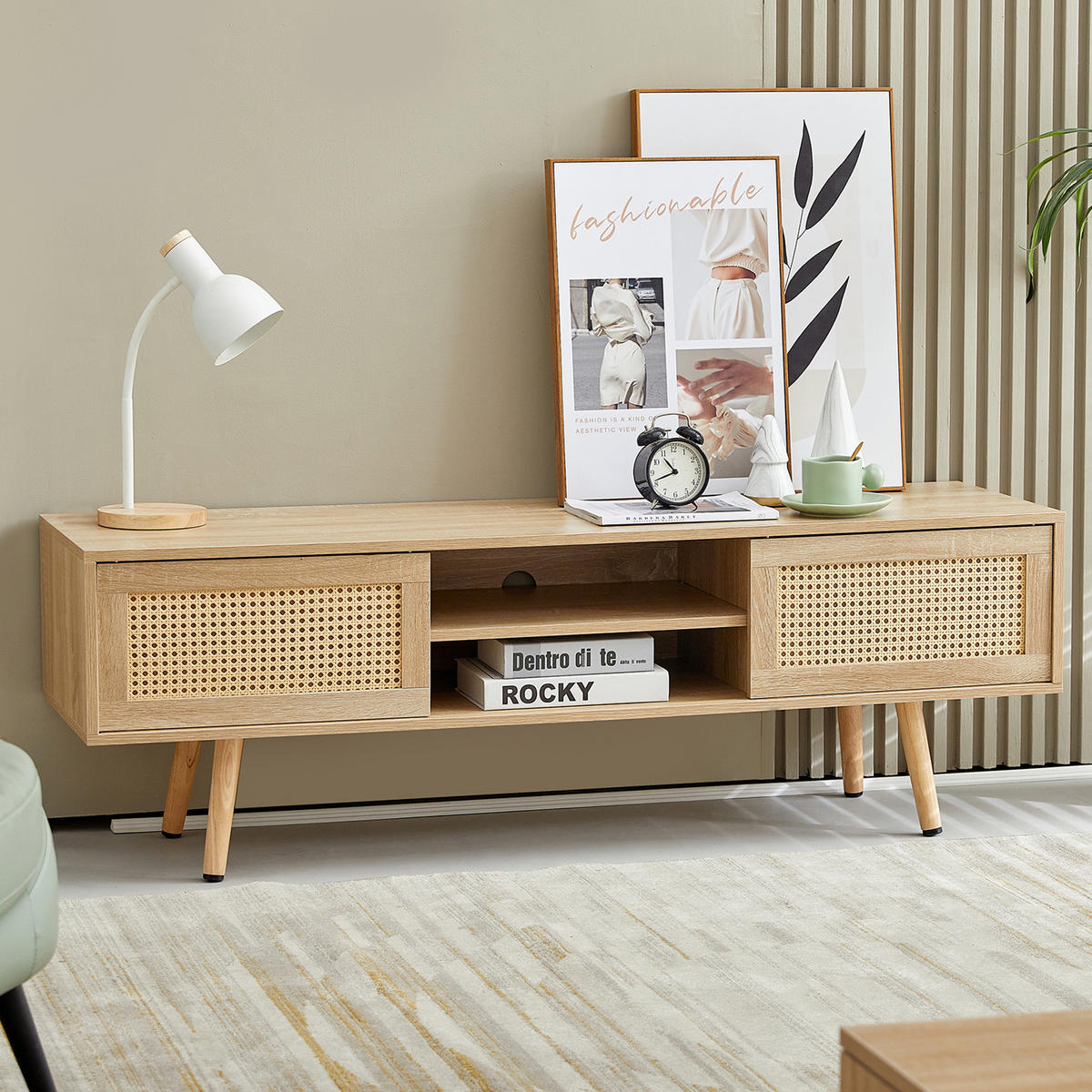 TV-ELEMENT140X40X45CM Rattan-Schiebetüren Massivholzbeine Naturfarbenholzoptik - Naturfarben, Holz (49/12/150cm) - Raelunyi