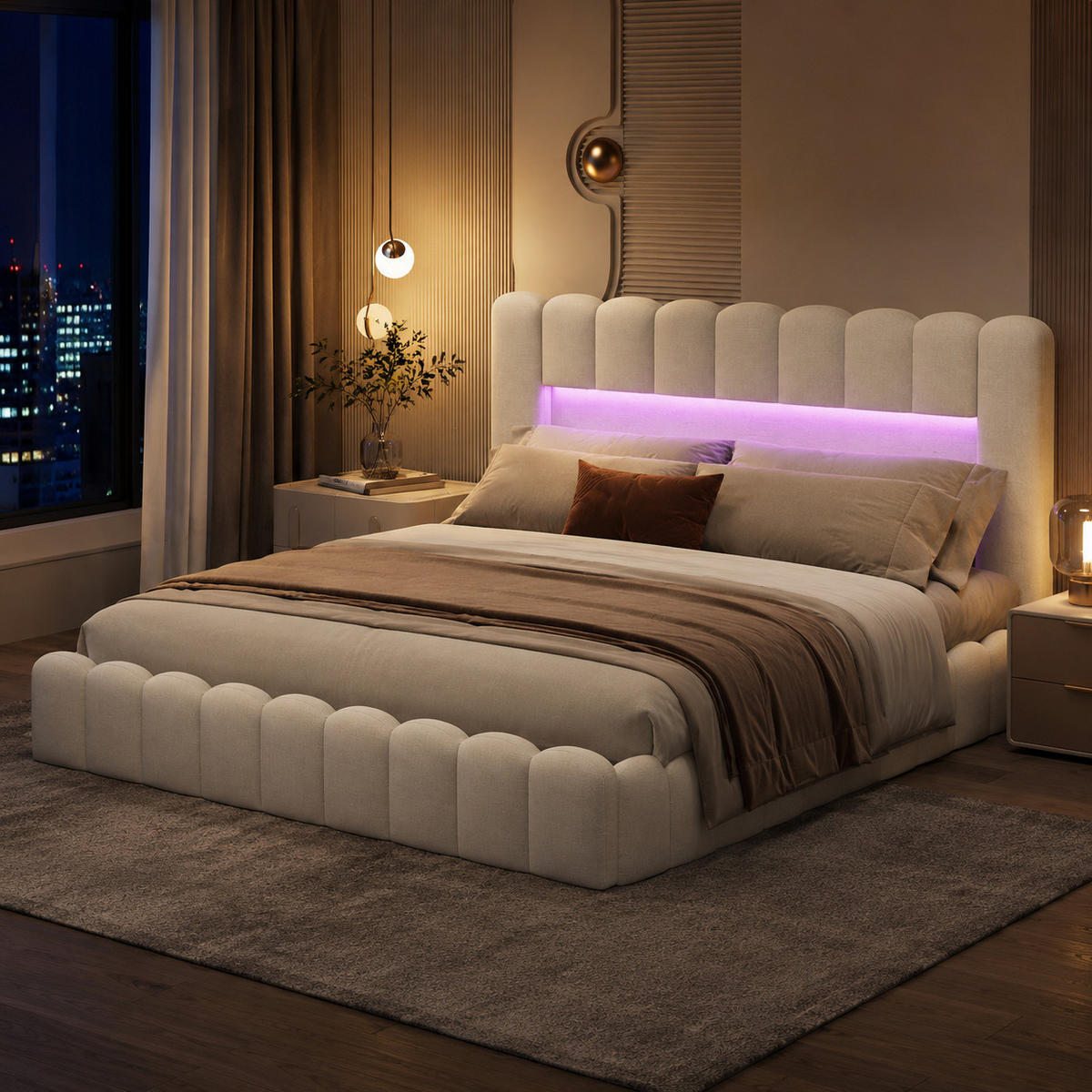 POLSTERBETT 180/200 cm mit LED-Kopfteil und hydraulischem Stauraum, modernes Schlafzimmerbett - Beige, Holz/Metall (180/200cm) - Joyfair