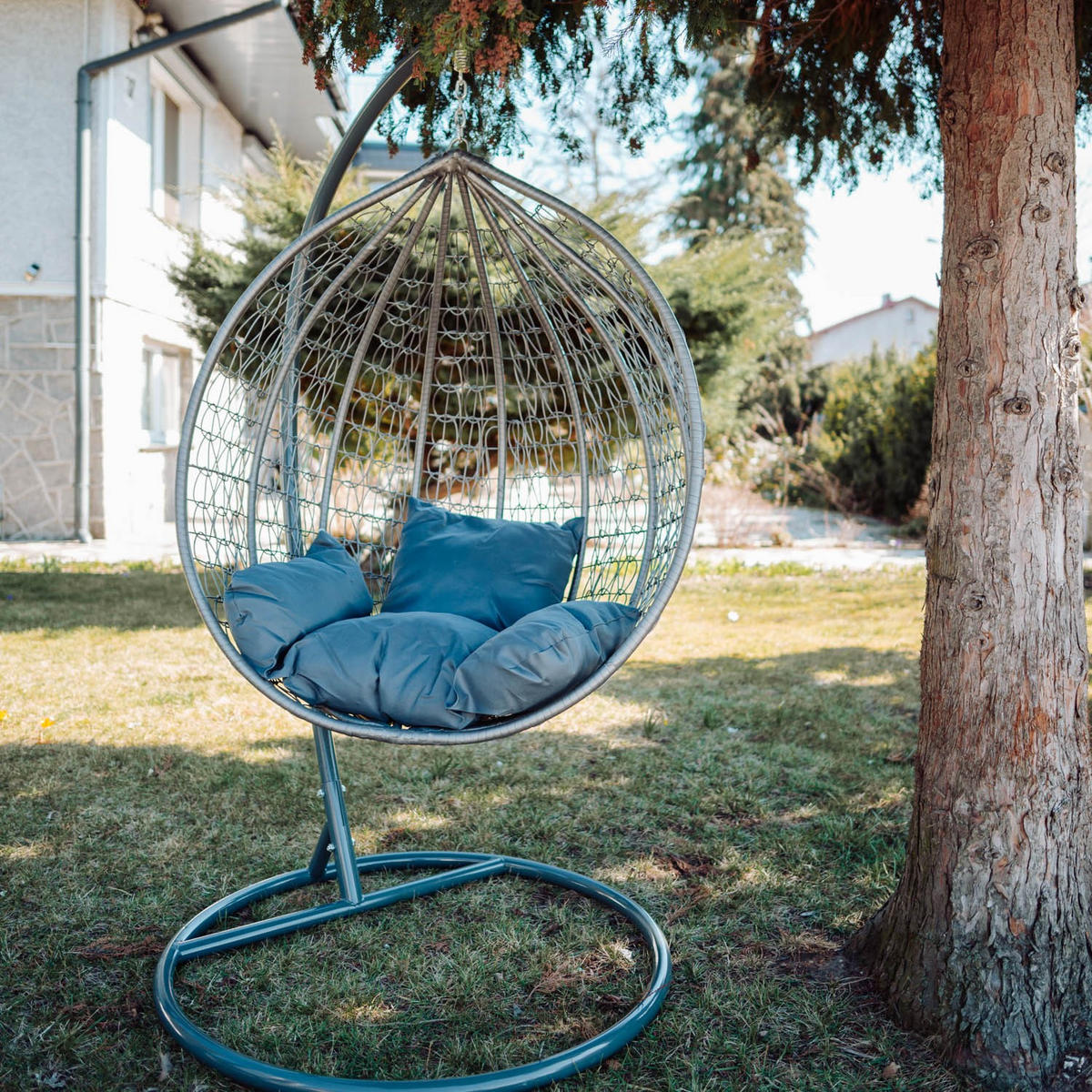HÄNGESESSEL Cobe Grau, Graphit Kissen, Garten Hängesessel Kokon aus Technorattan - Graphitfarben/Grau, Kunststoff/Metall (107/198/68cm) - Bettso