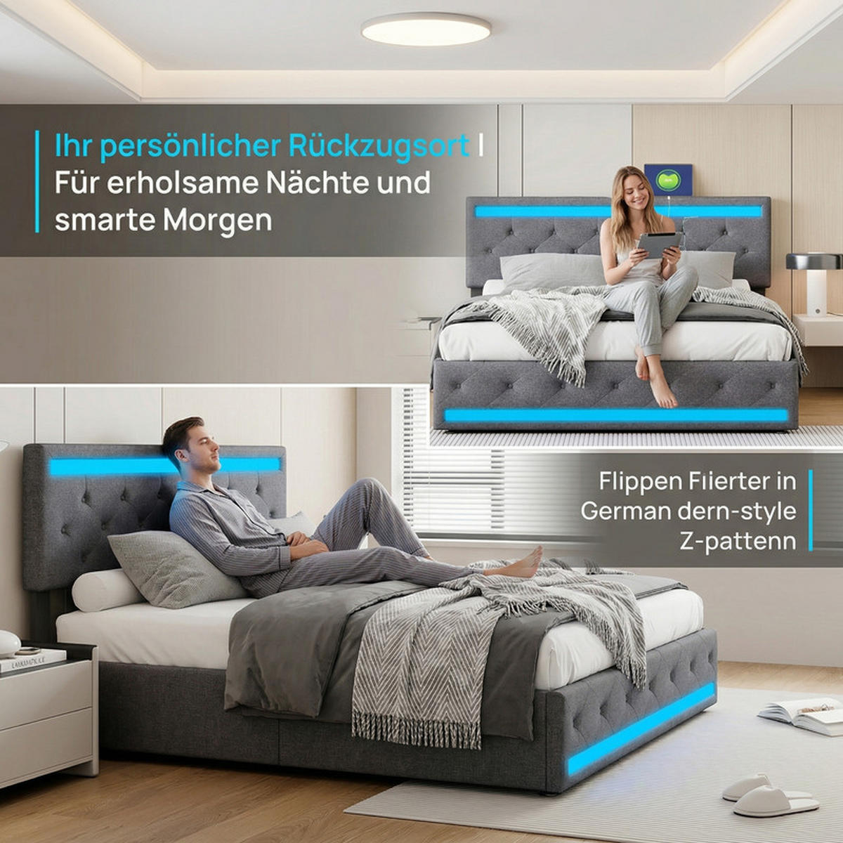 POLSTERBETT 140/200 cm grau mit Schubladen, LED und USB - Grau, Holz