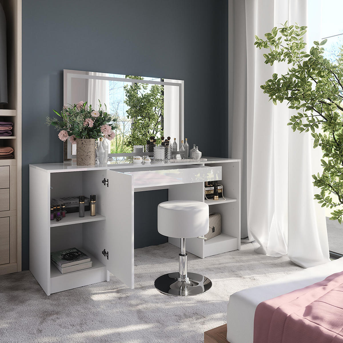 SCHMINKTISCH Sherry Weiß/Weiß Hochglanz 158.2 cm mit LED-Spiegel und Hocker - Weiß Hochglanz, Holzwerkstoff (158.2/76/50.1cm) - Vicco