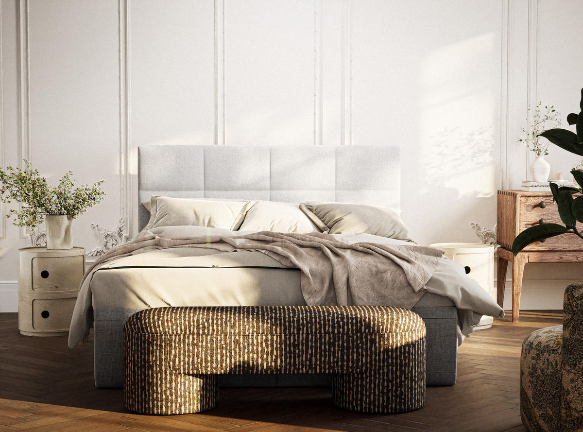 BOXBETT 180/200 cm Umage, in Hellbeige, Matratze, gepolstertes Kopfteil, Bettkasten, H3 = fest - Beige/Schwarz, Holz/Holzwerkstoff (180/200cm) - Maison de Reve