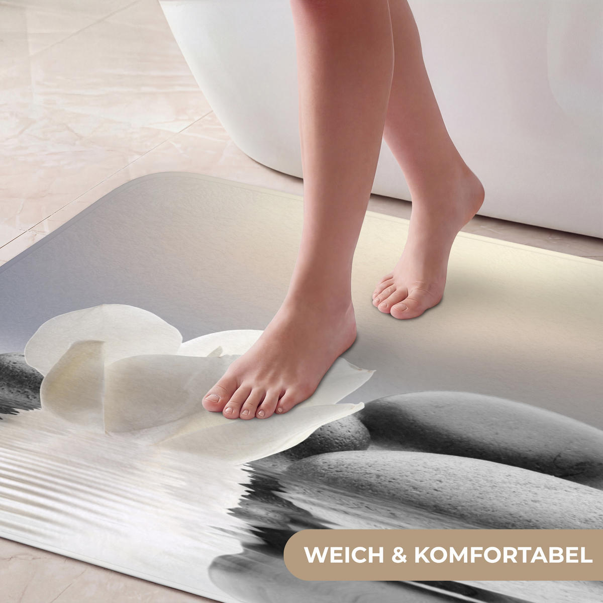 KOUPELNOVÁ PŘEDLOŽKA Kameny - Lotos - Bílý - Voda - Zen 90x60 cm - bílá, textil/plast (90/60cm) - OnlyWow