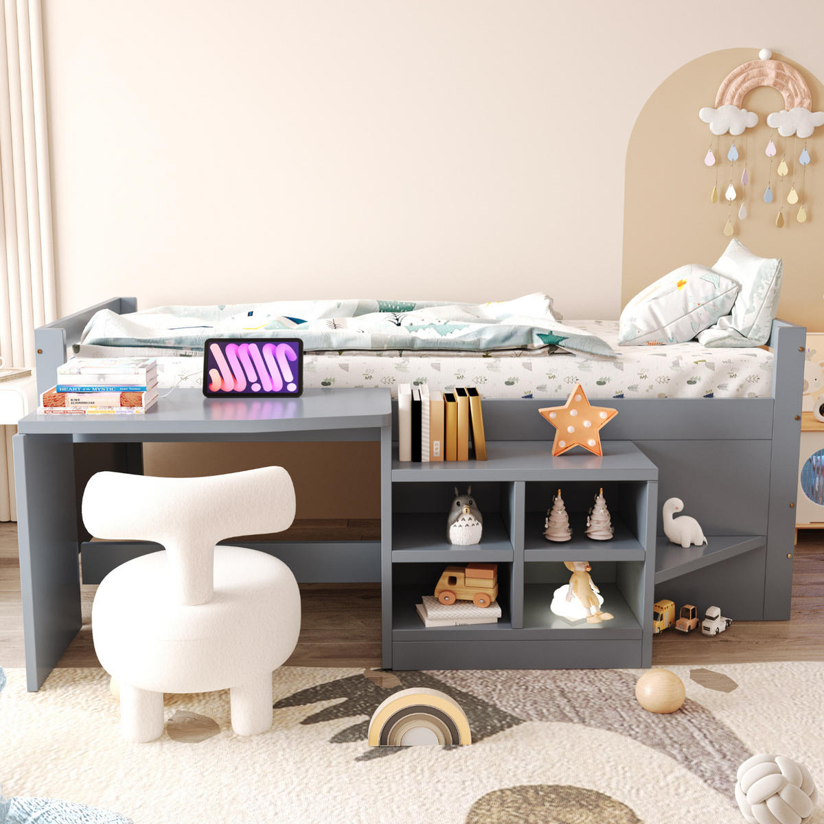 MULTIFUNKTIONSBETT 90/200 cm Grau mit Schreibtisch, Stauraum und Steckdose - Grau, Holz (90/200cm) - MIVRAY