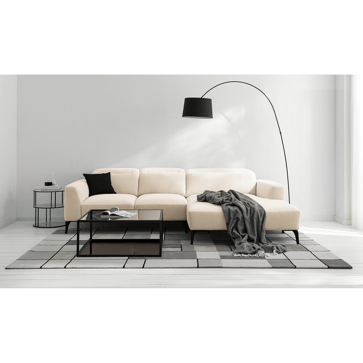 ECKSOFA mit Longchair - Beige/Schwarz, Textil/Metall (265/180cm) - home24