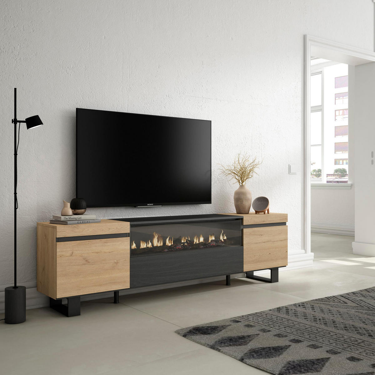 LOWBOARD Elektrokamin, eiche, schwarz, 200/35/57cm - Eichefarben/Naturfarben, Holzwerkstoff (200/57/35cm) - Skraut Home