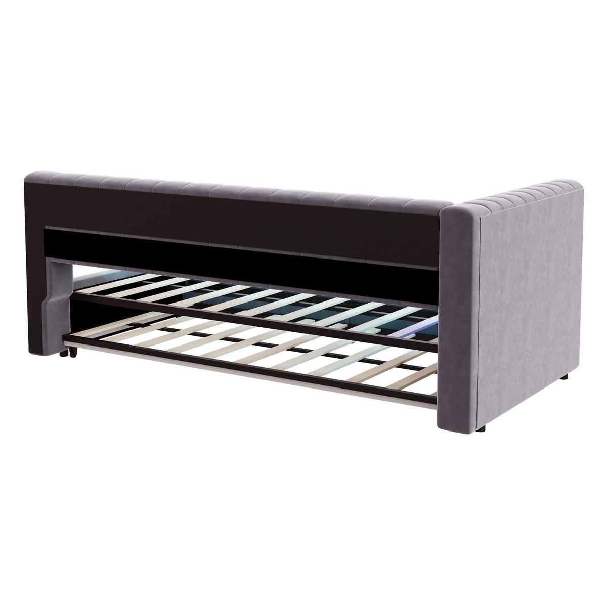 ČALOUNĚNÁ rozkládací postel 90/200 cm s LED osvětlením, USB a úložnými policemi, Světle šedá - světle šedá, textil (90/200cm) - Redom