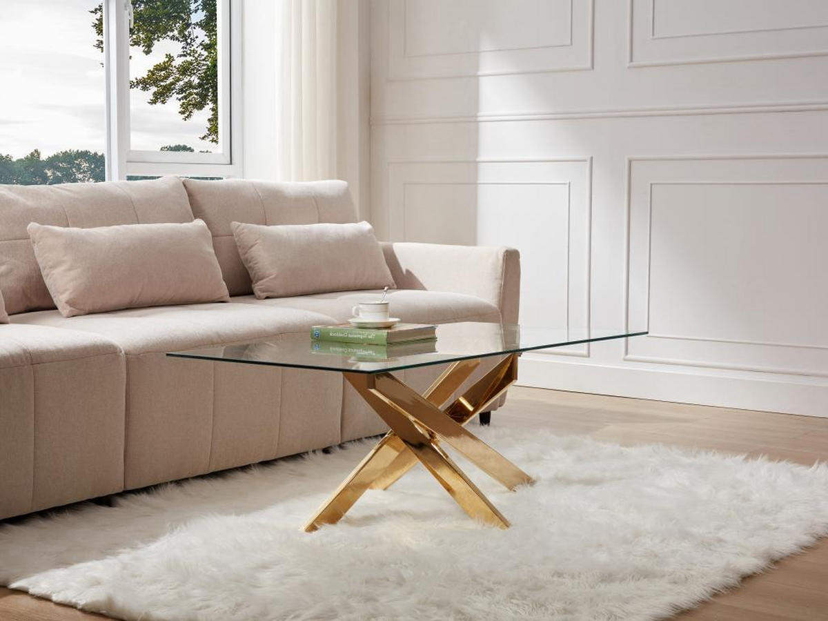 COUCHTISCH - Sicherheitsglas & Goldfarbenes Metall - Transparent - COSIMA - Goldfarben, Glas (120/60/45cm) - Vente-Unique