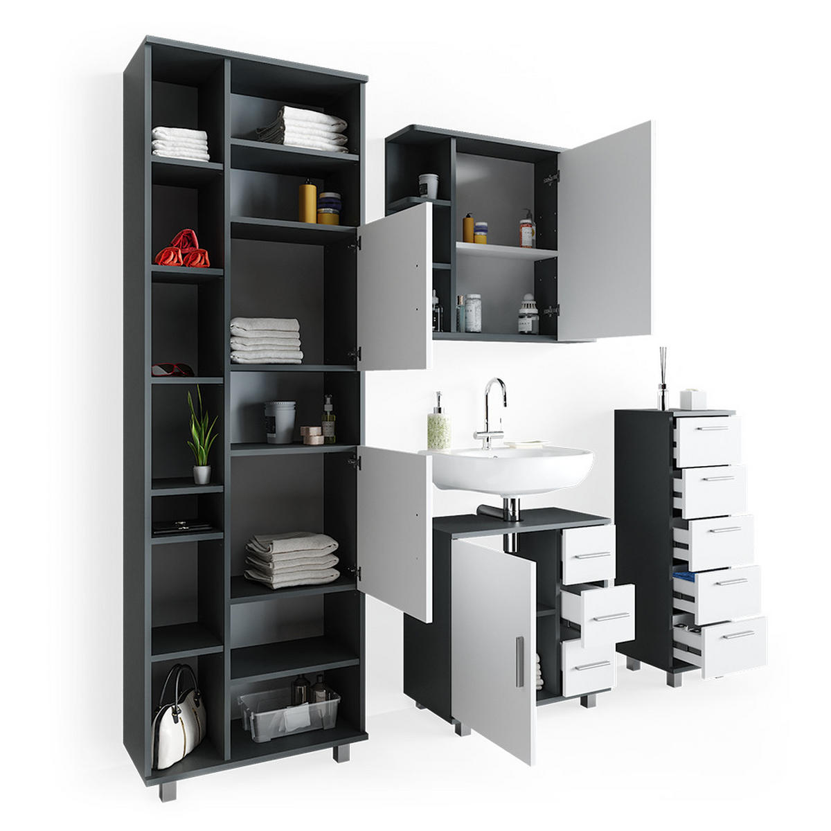 BADMÖBEL-SET Ilias Anthrazit 4 Teile - Anthrazit/Weiß, Holzwerkstoff (60/60/33cm) - Vicco