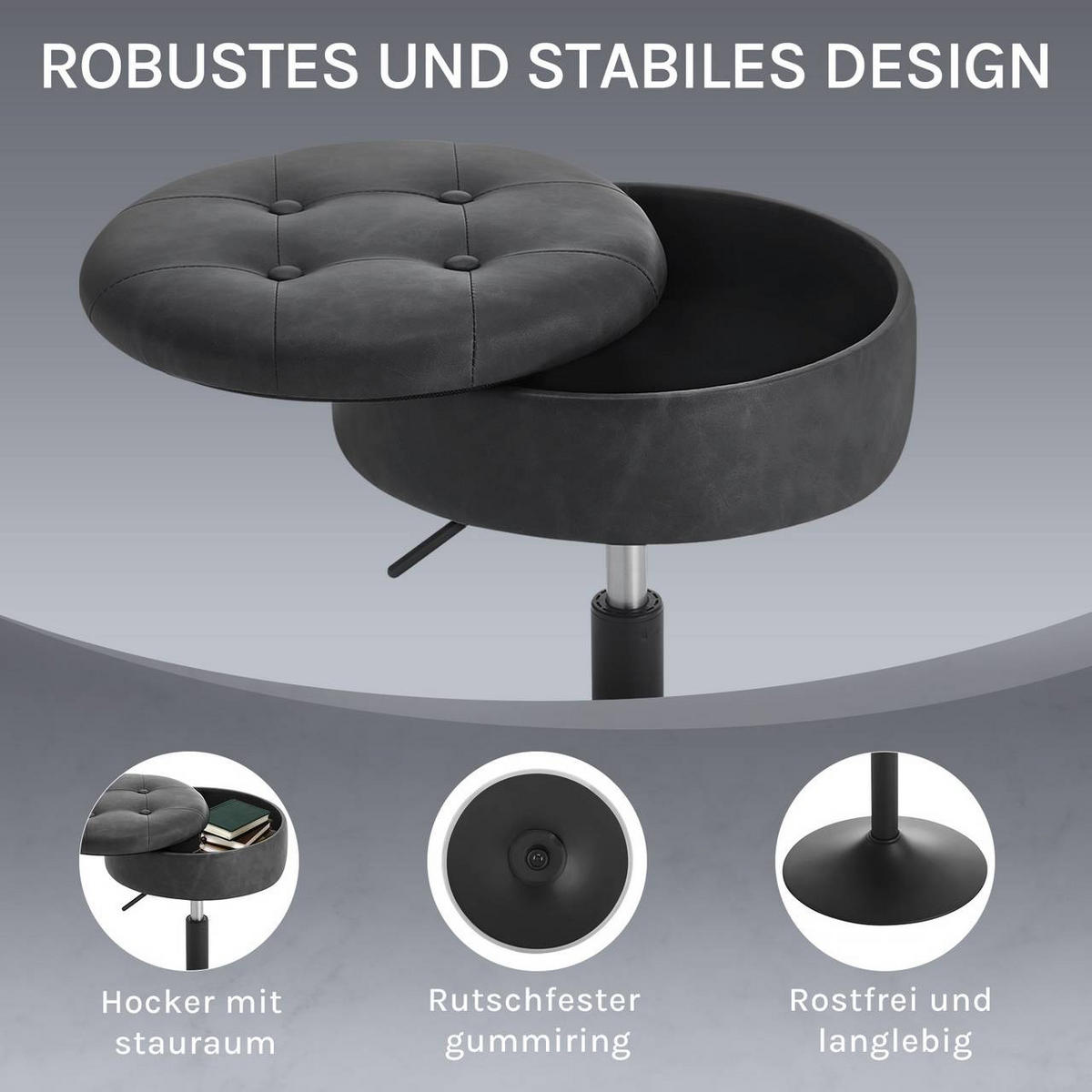 SITZHOCKER 2er Set, mit Stauraum, Kunstleder, Anthrazit - Anthrazit/Schwarz, Textil/Metall (38.5/50/38.5cm) - Woltu