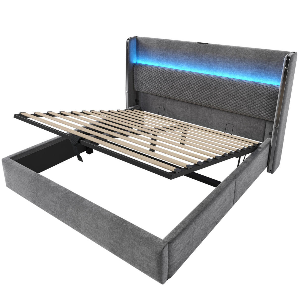 POLSTERBETT 140/200 cm mit LED-Beleuchtung, USB- und Type-C-Anschluss, hydraulischem Stauraum und Matratze, Grau - Grau, Textil (140/200cm) - Redom