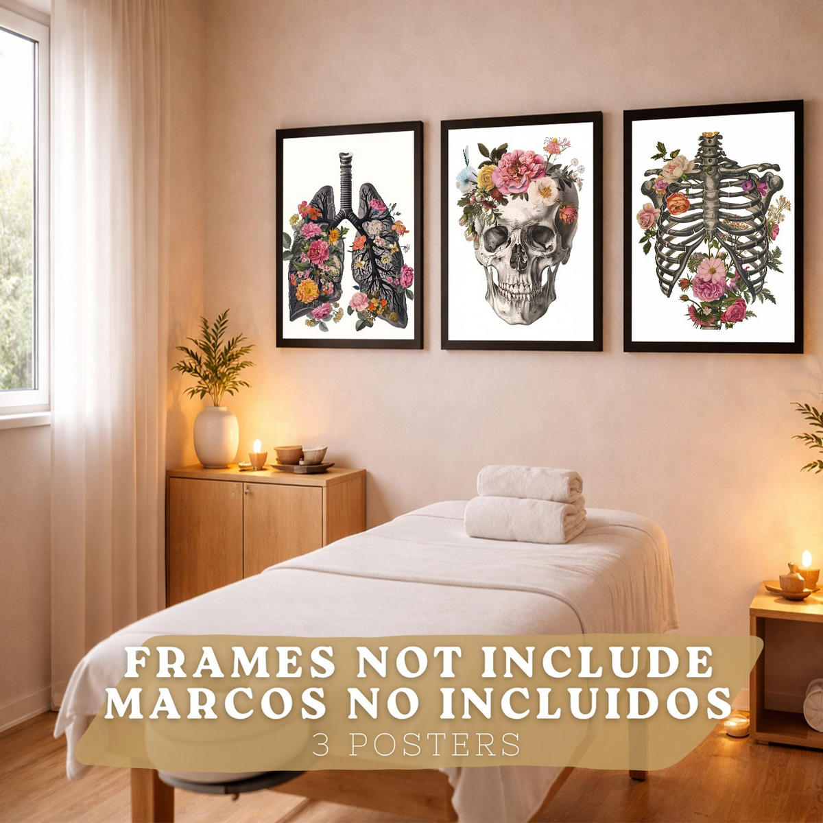 POSTER Set aus 3 Anatomie Mensch Drucke und mit Lungen Luftröhre Bronchien Rippen Wirbelsäule und Schädel Modernes Florales Größe Rahmenlos A3 - Klar, Papier (29.7/42/3cm) - Nacnic