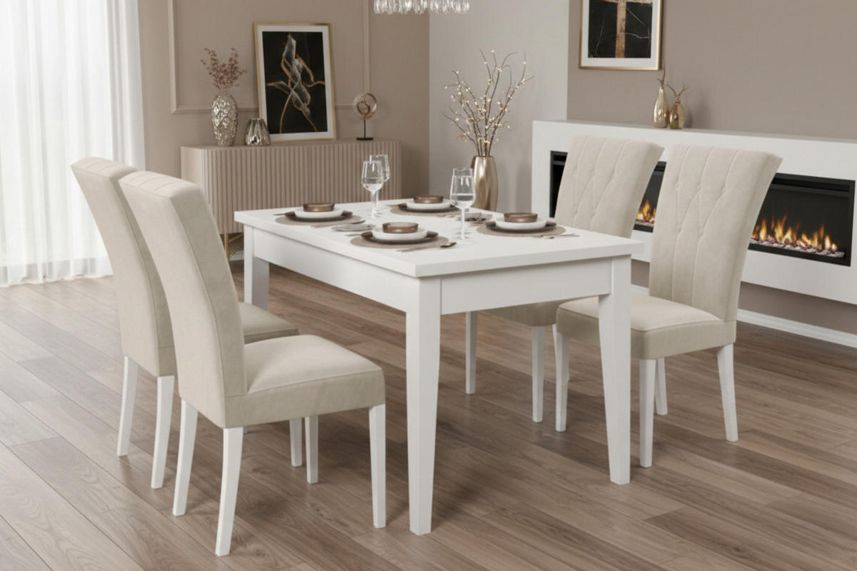 TISCHGRUPPE DAKOTA 140/80 cm in Weiß mit 4 Stühlen in Beige - Beige/Weiß, Holz/Holzwerkstoff (80/77/140cm) - Deine Möbel 24