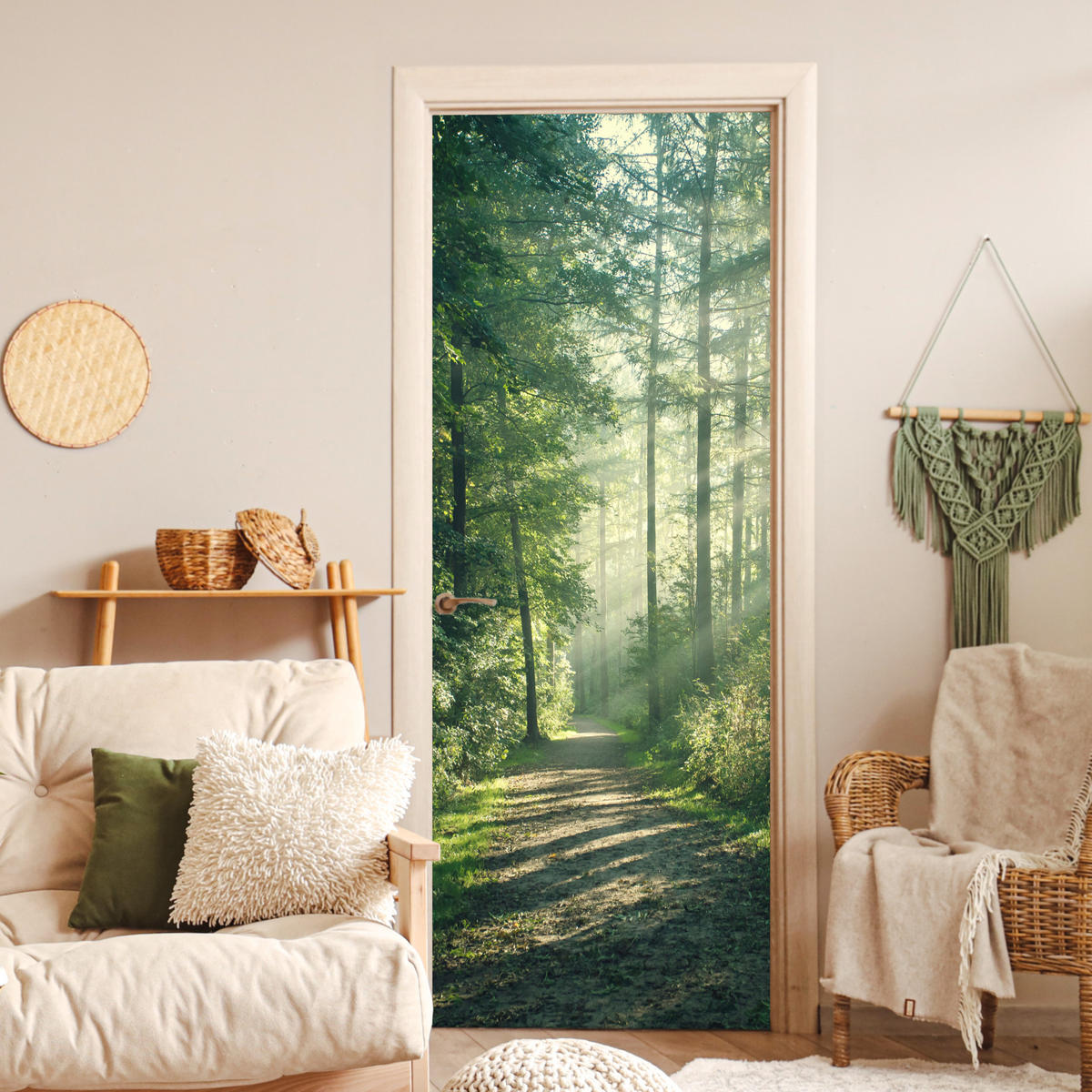 TÜRAUFKLEBER Wald - Weg - Sonne - Bäume - Grün - Natur Deko Wohnzimmer 95x235 cm - Türtapete - Waldgrün, Kunststoff (95/0.1cm) - MuchoWow