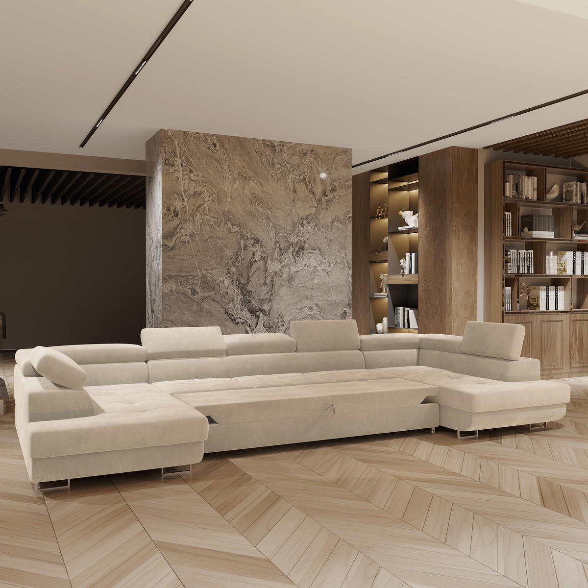 WOHNLANDSCHAFT ISOLANO Creme Velours-Stoff mit Schlaffunktion - Creme, Holz (408/90/202cm) - MASSENO