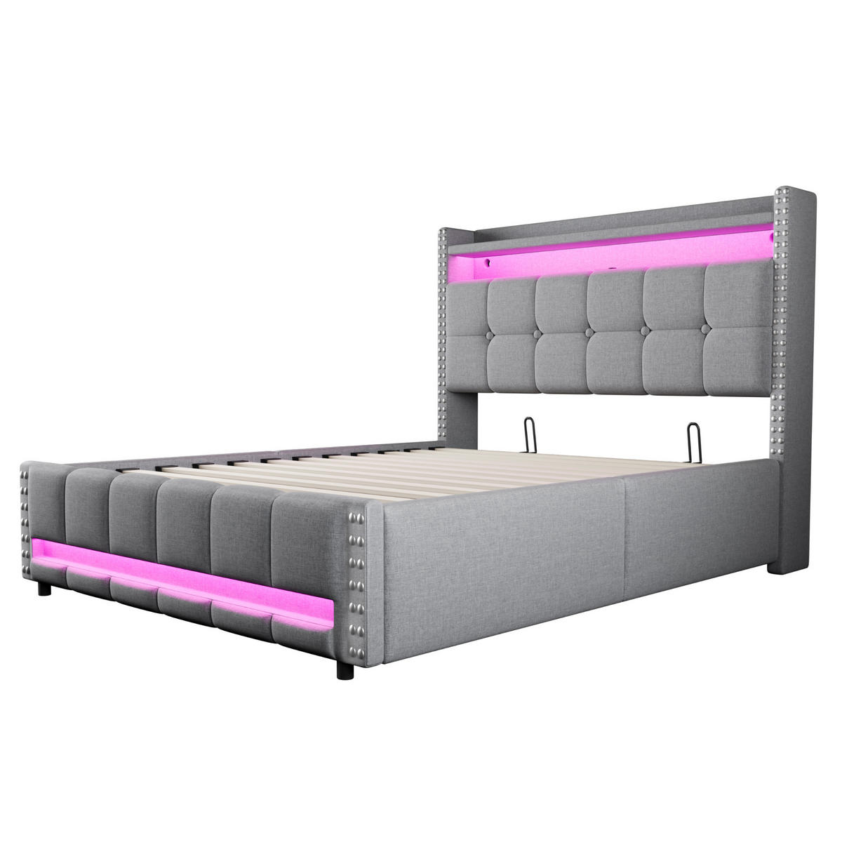 POLSTERBETT 140x200 Hellgrau Leinen LED Stauraum - Hellgrau, Textil (140/200cm) - FLIEKS