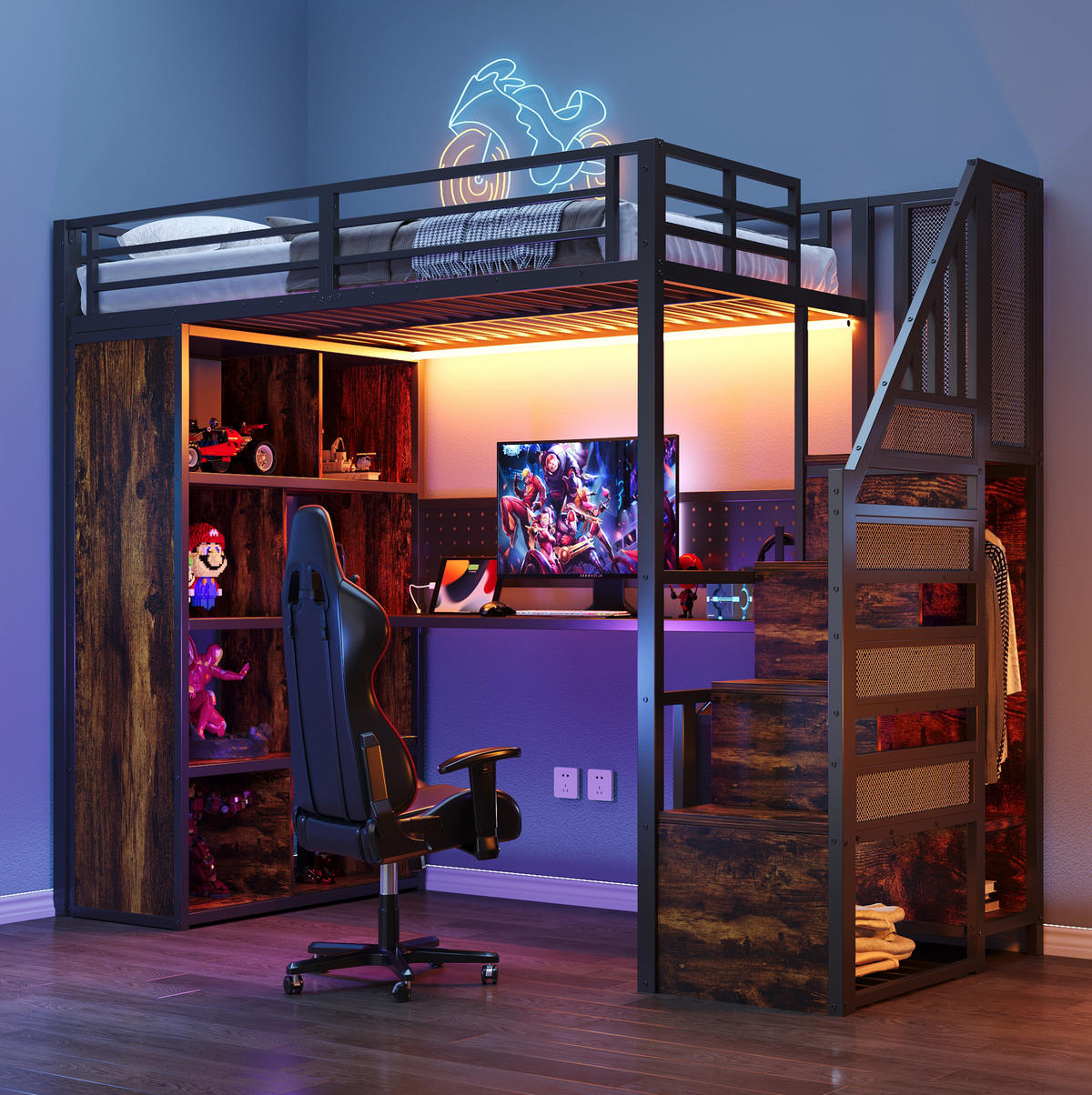 HOCHBETT 90/200 cm mit Stauraumtreppe, Schreibtisch, LED-Beleuchtung und Kleiderschrank, Schwarz - Schwarz, Holzwerkstoff (90/200cm) - Redom
