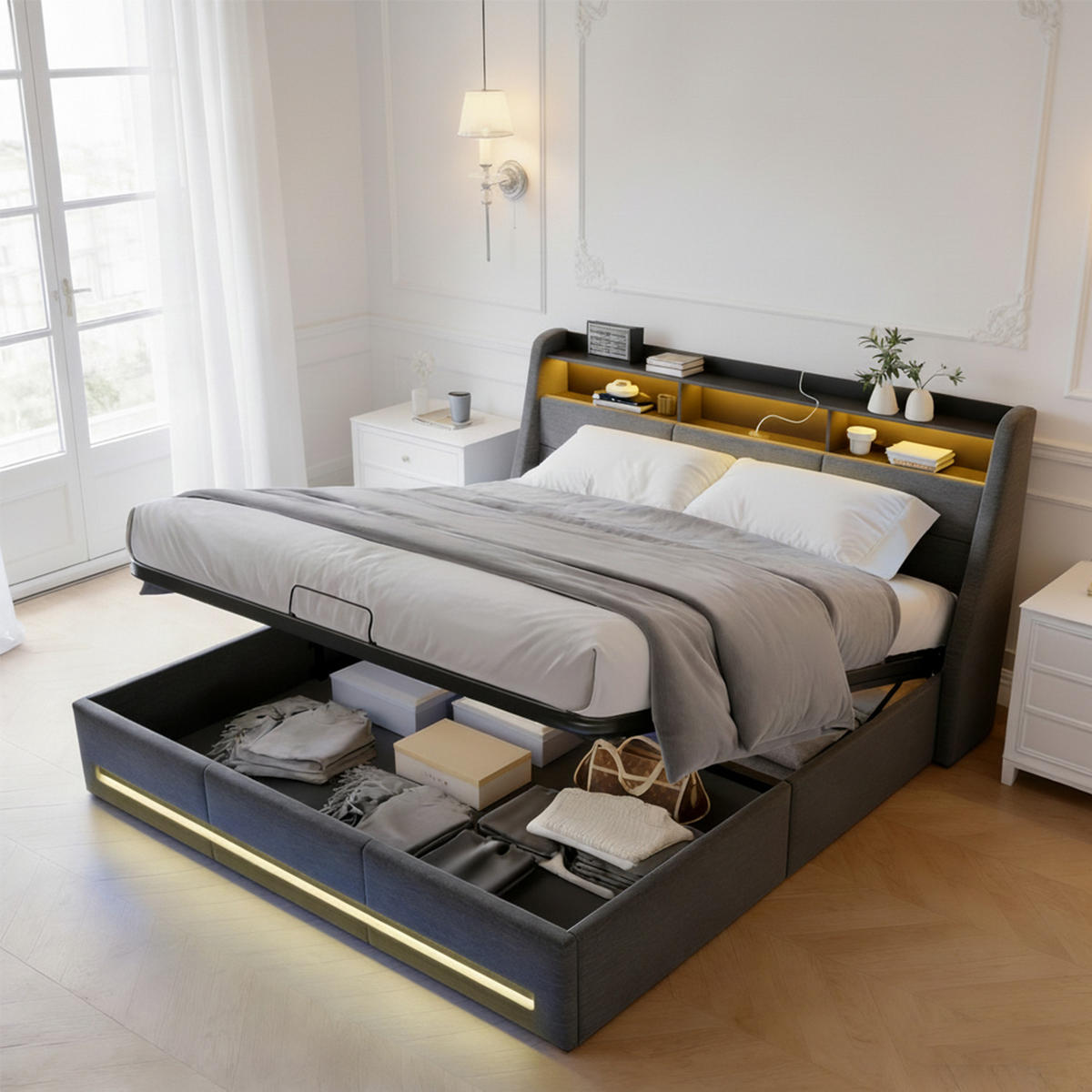 POLSTERBETT 140x200 cm mit Bettkasten, Doppelbett 140x200 cm mit LED und USB, Stauraumbett mit Hydraulik, Grau Leinenstoff - Grau, Glas/Holzwerkstoff (140/200cm) - GENKI LIVING