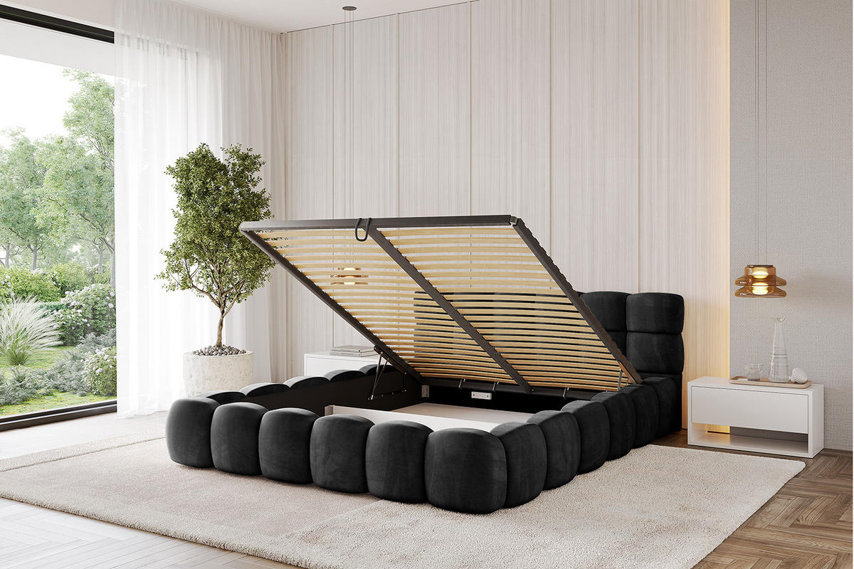 POLSTERBETT mit Bettkasten und Lattenrost, Bett mit Matratze H3/H4 - LEYA-v1 180x200 Schwarz - Schwarz, Holzwerkstoff/Textil (180/200cm) - ALTDECOR