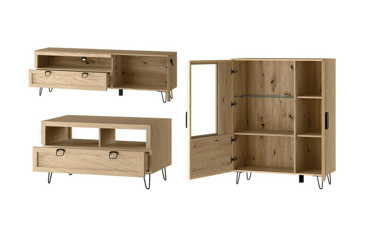 WOHNZIMMER-SET Limbo Eiche Artisan 4-teilig - Eiche Artisan/Braun, Holz/Metall (300/89/42cm) - Feldmann-Wohnen
