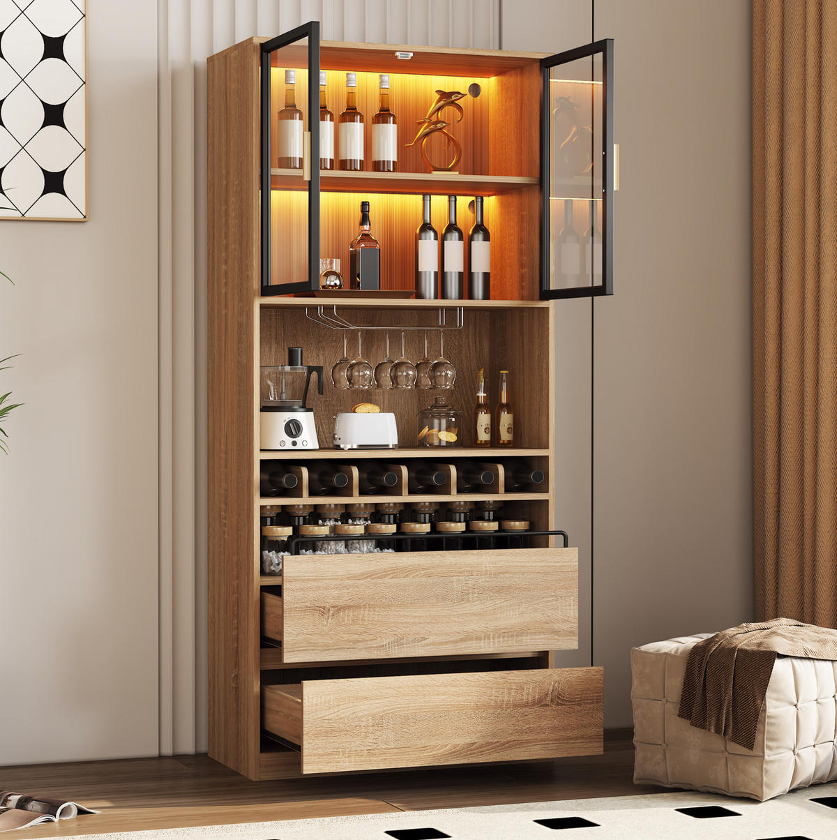 VITRINE 80x40x180 cm Naturfarben mit Glastüren & LED-Lichtleiste - Naturfarben, Holzwerkstoff (80/180/40cm) - Modfu