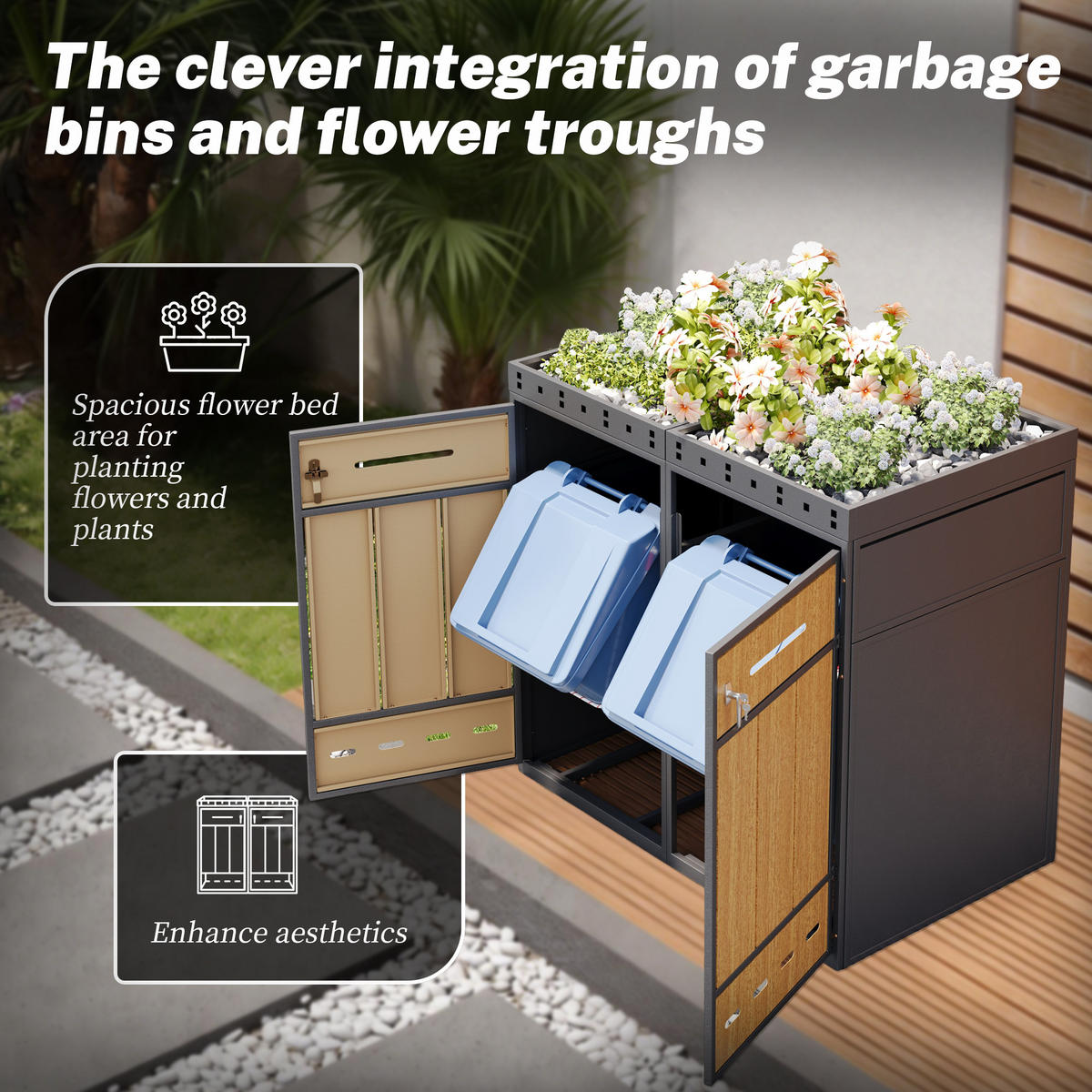 MÜLLTONNENBOX Klappdeckel Holzmaserung Grau - Grau, Metall (132/118.5/80cm) - ComfortXL