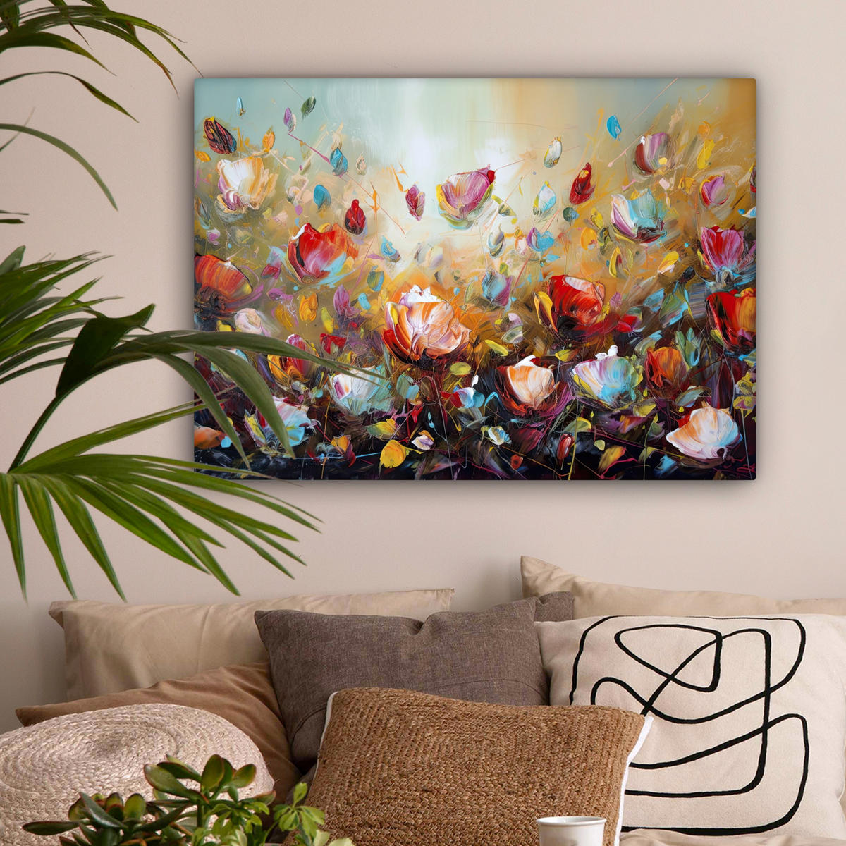 LEINWANDBILD Blumen - Kunst - Natur - Ölgemälde Wandbilder 80x60 cm - Multicolor, Textil (80/60cm) - MuchoWow