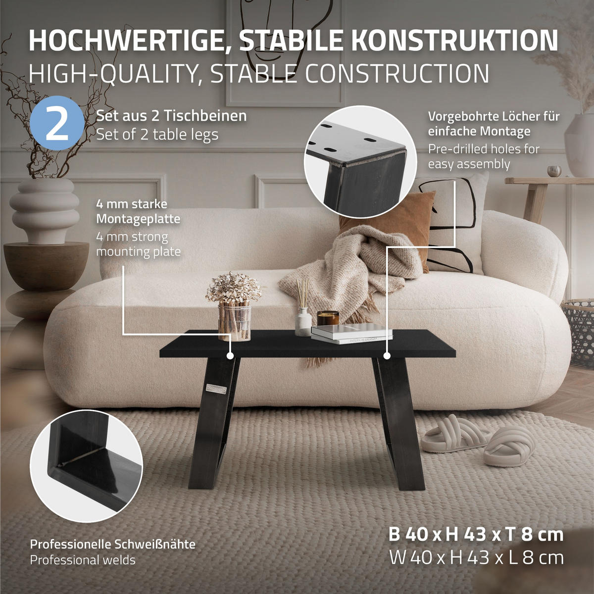 TISCHBEINE 2er Set 80GRAD 40 x 43 cm Dunkelgrau - Bronzefarben, Metall (40/43/8cm) - ML-DESIGN