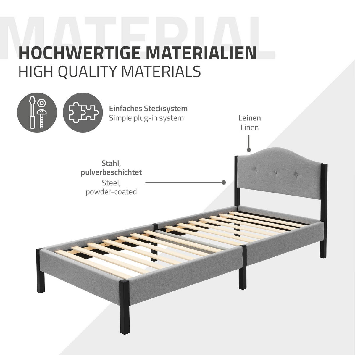 POLSTERBETT 90x200 cm Grau mit Lattenrost und Leinenstoff - Grau, Holzwerkstoff/Textil (90/200cm) - ML-DESIGN
