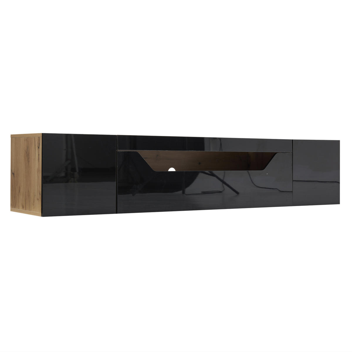 TV-LOWBOARD aus Spanplatte 180x37x36 cm Schwarz/Natur mit LED-Beleuchtung, wandmontiert und Hochglanzfront - Schwarz, Holzwerkstoff (180/36/37cm) - Modfu